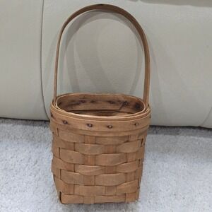 Vintage 19th Century Woven Wood Basket with Handle Rustic Farmhouse Decor Small